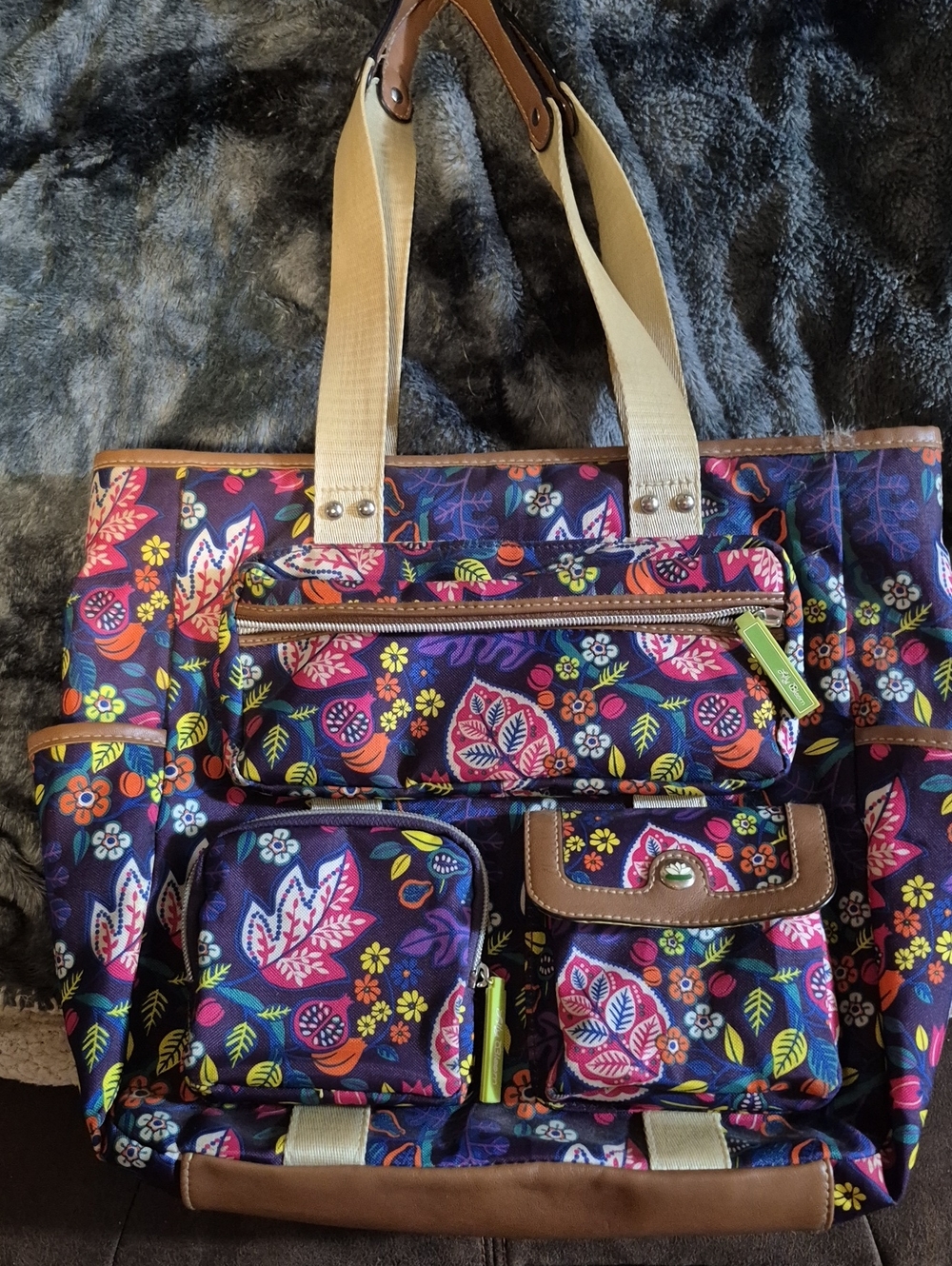 Lily Bloom Navy Floral Tote with Cream Straps and Brown Trim